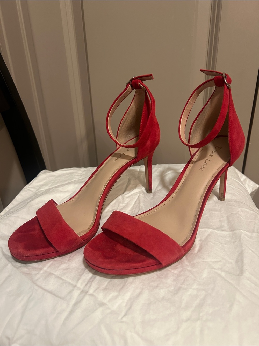 Essex Lane Red Suede Ankle-Strap Stiletto Heels